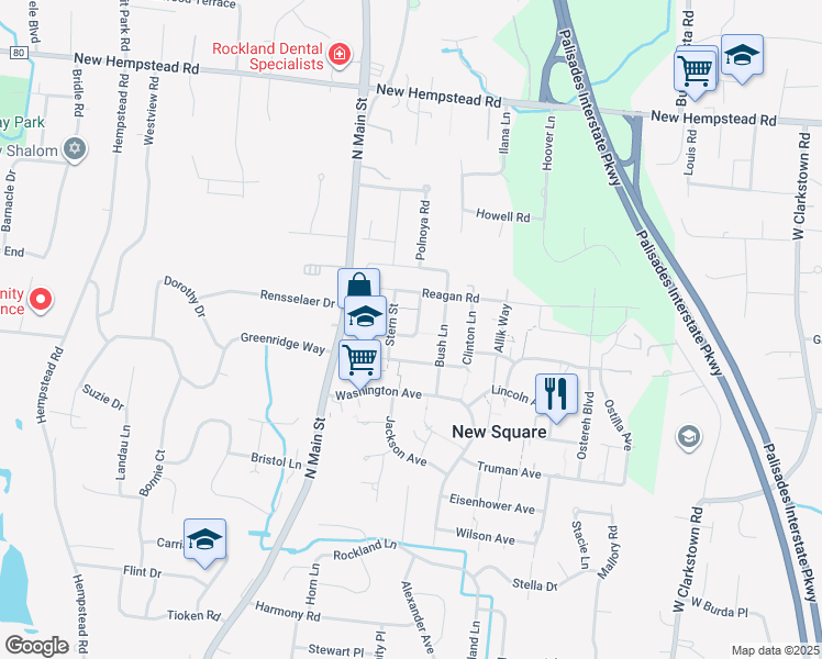map of restaurants, bars, coffee shops, grocery stores, and more near 18 Stern Street in Spring Valley