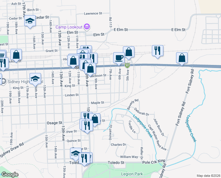 map of restaurants, bars, coffee shops, grocery stores, and more near 1128 7th Avenue in Sidney