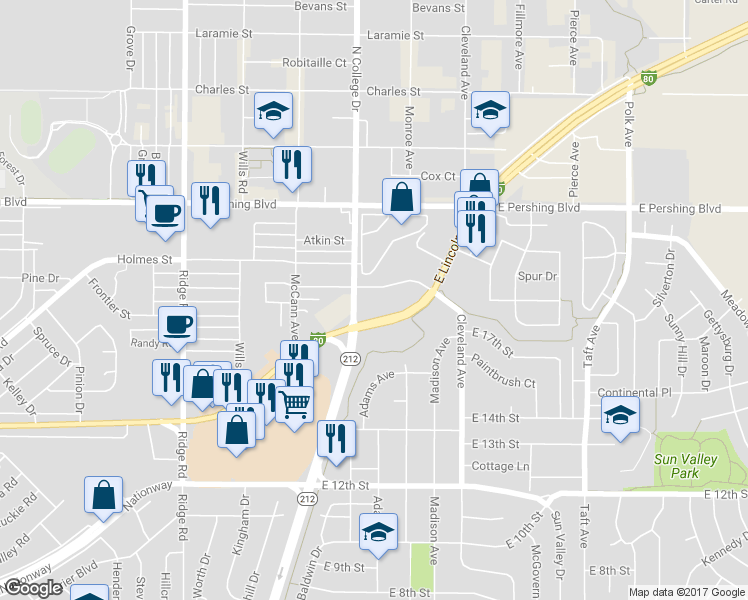 map of restaurants, bars, coffee shops, grocery stores, and more near 4007 Greenway Street in Cheyenne