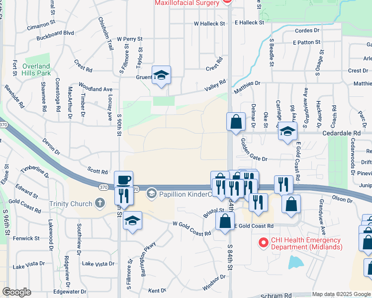 map of restaurants, bars, coffee shops, grocery stores, and more near in Papillion