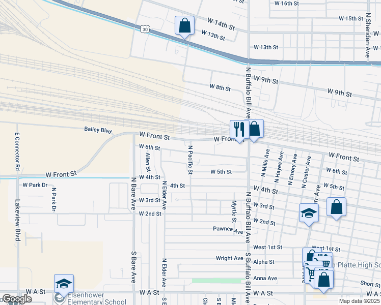map of restaurants, bars, coffee shops, grocery stores, and more near 502 North Pacific Street in North Platte