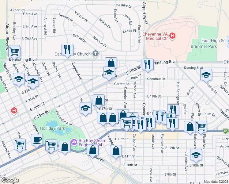 map of restaurants, bars, coffee shops, grocery stores, and more near 1914 East 18th Street in Cheyenne