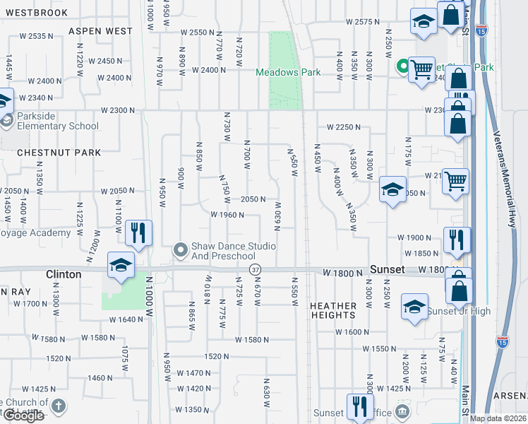 map of restaurants, bars, coffee shops, grocery stores, and more near 1934 North 660 West in Clinton