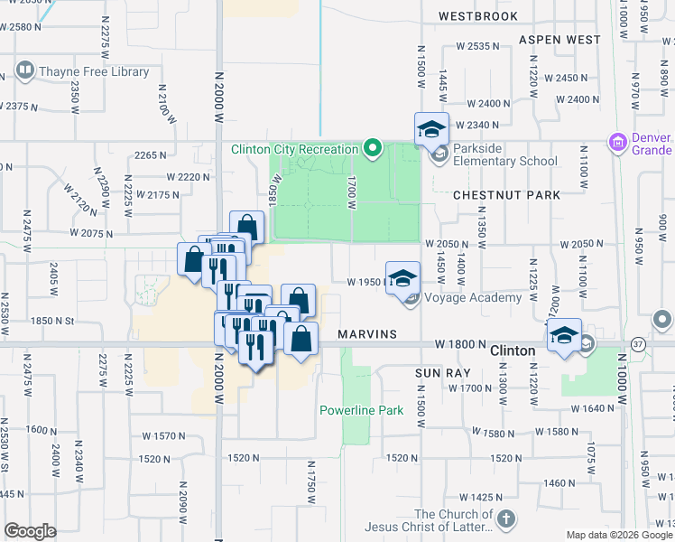 map of restaurants, bars, coffee shops, grocery stores, and more near 1976 North 1720 West in Clinton