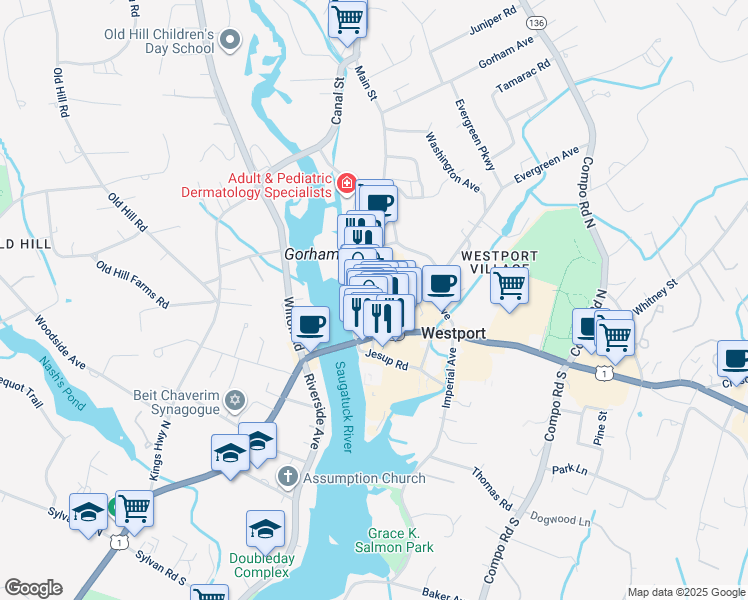 map of restaurants, bars, coffee shops, grocery stores, and more near 49 Main Street in Westport