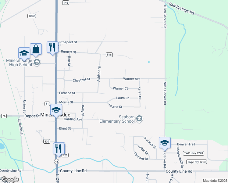 map of restaurants, bars, coffee shops, grocery stores, and more near 1657 Laura Lane in Mineral Ridge