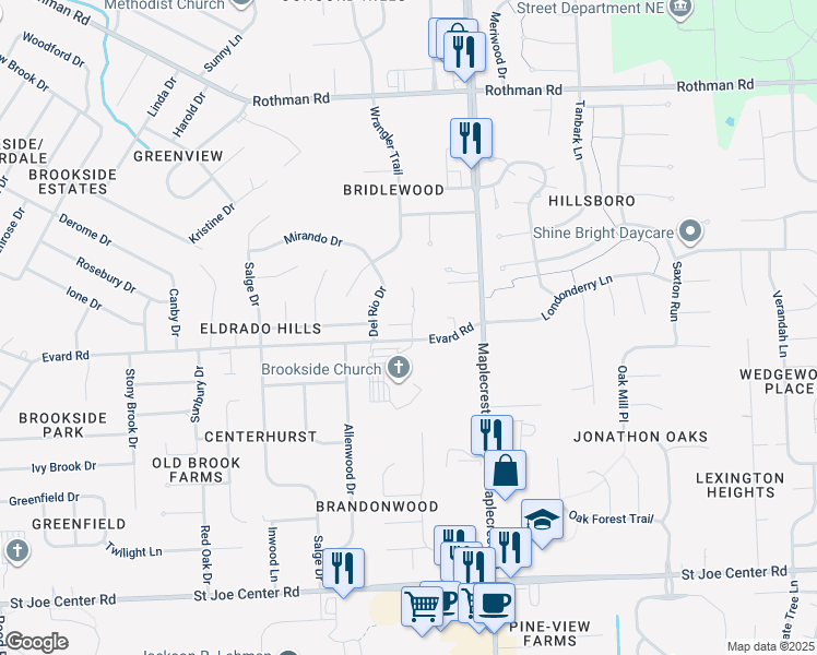 map of restaurants, bars, coffee shops, grocery stores, and more near 6168-6220 Evard Road in Fort Wayne