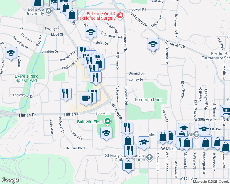 map of restaurants, bars, coffee shops, grocery stores, and more near 1703 Pelton Avenue in Bellevue