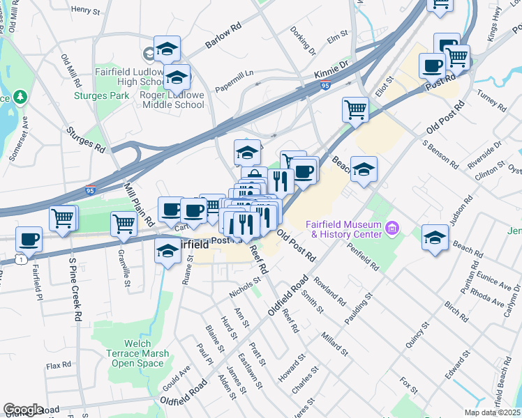 map of restaurants, bars, coffee shops, grocery stores, and more near 43 Unquowa Road in Fairfield