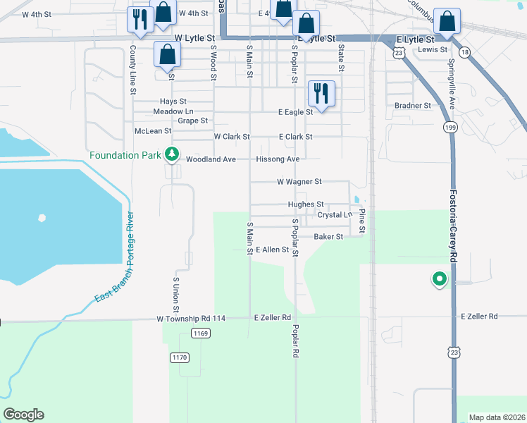 map of restaurants, bars, coffee shops, grocery stores, and more near 12501-12611 W Axline St in Fostoria