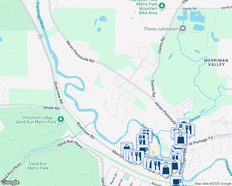 map of restaurants, bars, coffee shops, grocery stores, and more near 1872 Akron Peninsula Rd in Akron