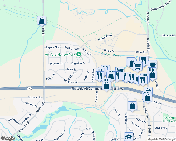 map of restaurants, bars, coffee shops, grocery stores, and more near 11409 South 43rd Street in Bellevue