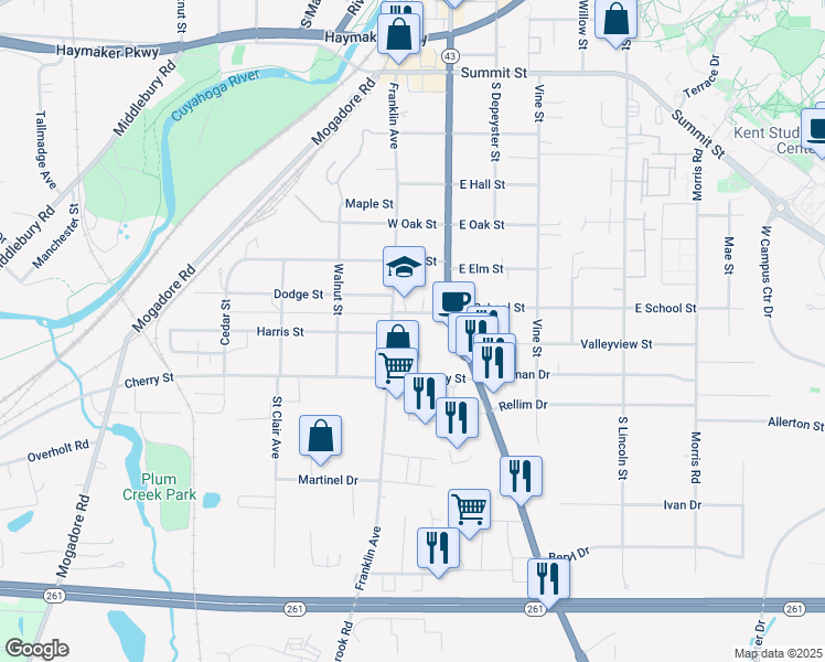 map of restaurants, bars, coffee shops, grocery stores, and more near 1115 Franklin Avenue in Kent