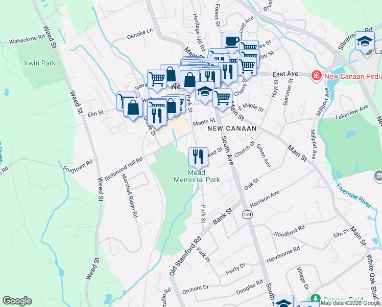map of restaurants, bars, coffee shops, grocery stores, and more near 211 Park Street in New Canaan
