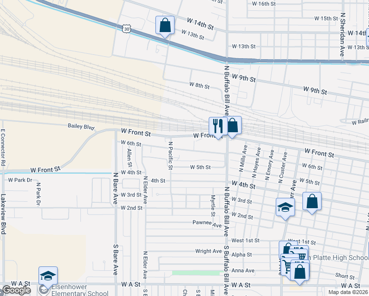 map of restaurants, bars, coffee shops, grocery stores, and more near 2802 West 6th Street in North Platte