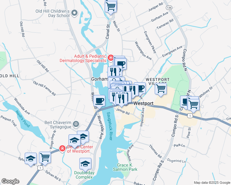 map of restaurants, bars, coffee shops, grocery stores, and more near 49 Main Street in Westport