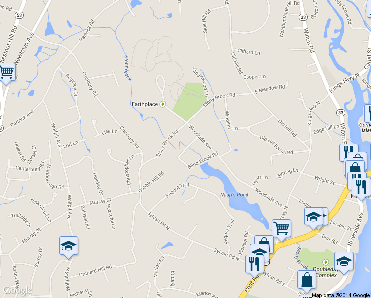 map of restaurants, bars, coffee shops, grocery stores, and more near 12 Blind Brook Road North in Westport