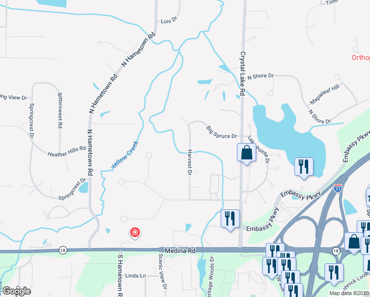 map of restaurants, bars, coffee shops, grocery stores, and more near 248 Harvest Drive in Akron