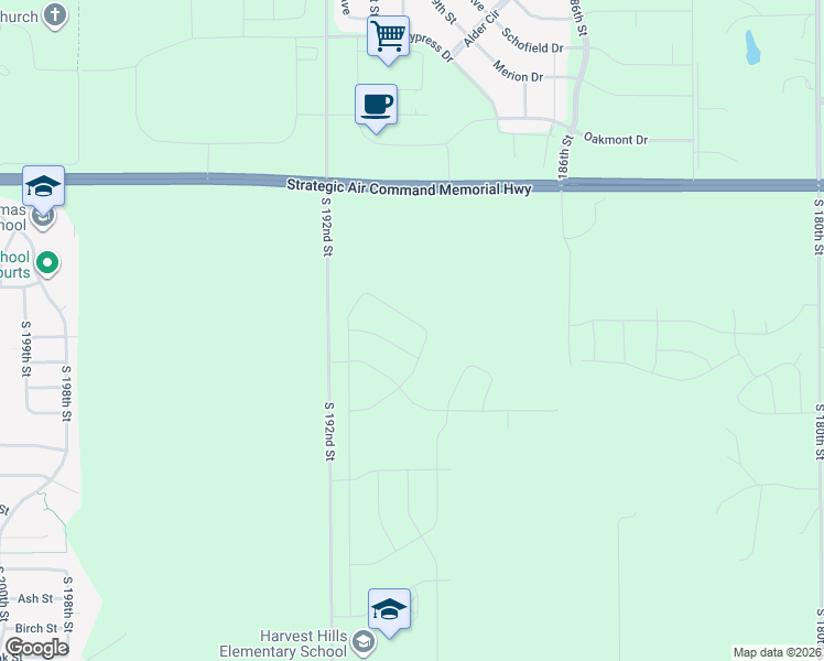 map of restaurants, bars, coffee shops, grocery stores, and more near 19026 Hackberry Drive in Gretna