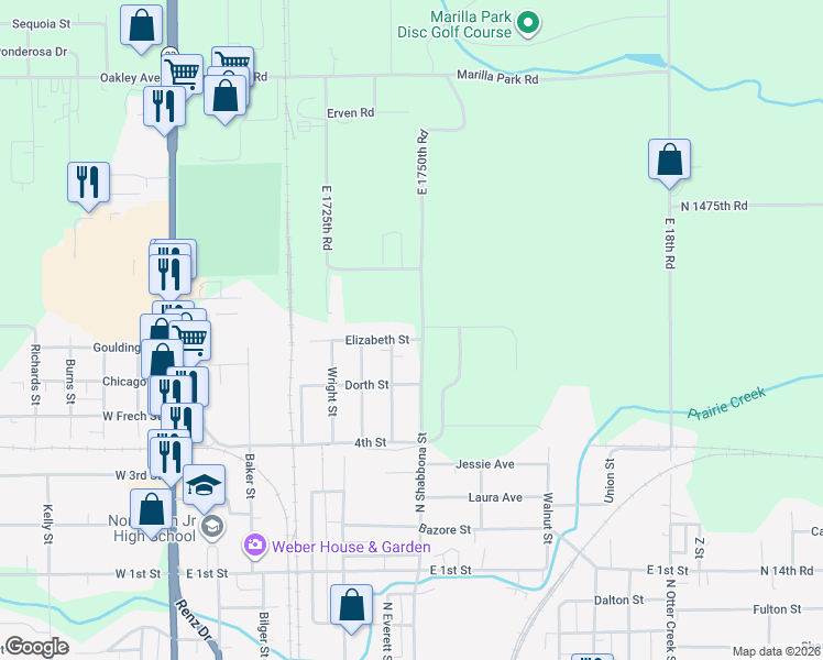 map of restaurants, bars, coffee shops, grocery stores, and more near 704 Elizabeth Street in Streator