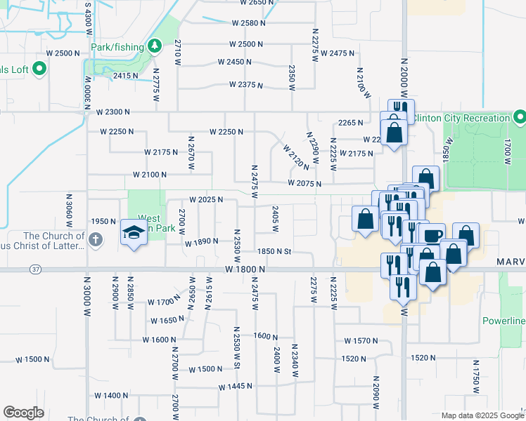 map of restaurants, bars, coffee shops, grocery stores, and more near 2447 West 2000 North in Clinton