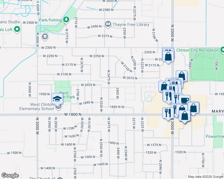 map of restaurants, bars, coffee shops, grocery stores, and more near 2447 West 2000 North in Clinton