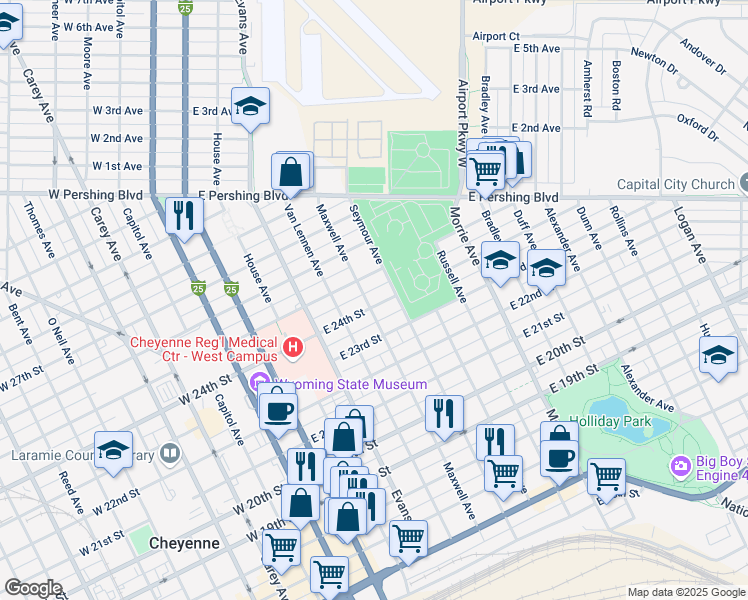 map of restaurants, bars, coffee shops, grocery stores, and more near 600 East 24th Street in Cheyenne