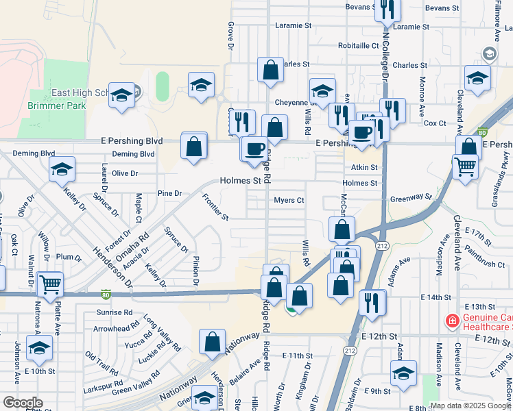 map of restaurants, bars, coffee shops, grocery stores, and more near 3319 Frontier Street in Cheyenne