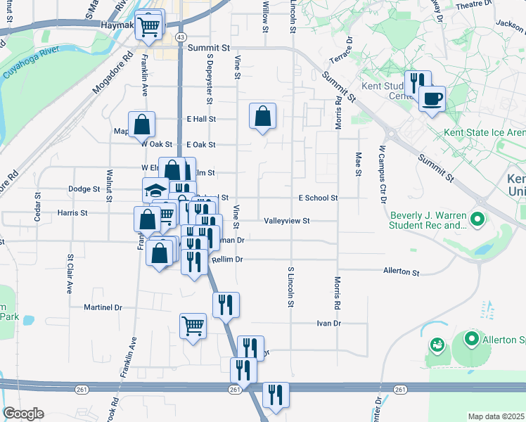 map of restaurants, bars, coffee shops, grocery stores, and more near 406 Valleyview Street in Kent