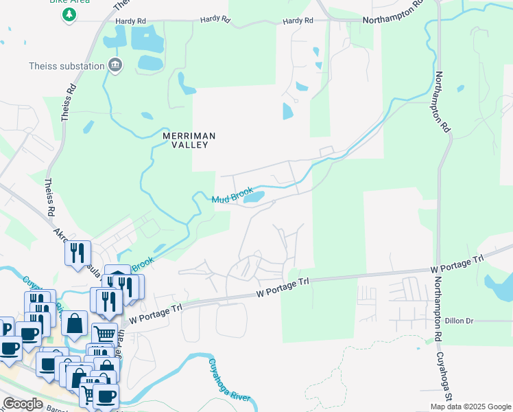 map of restaurants, bars, coffee shops, grocery stores, and more near 36 Canyon Parkway in Akron