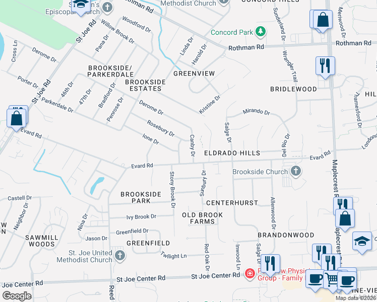 map of restaurants, bars, coffee shops, grocery stores, and more near 6610 Garland Dr in Fort Wayne