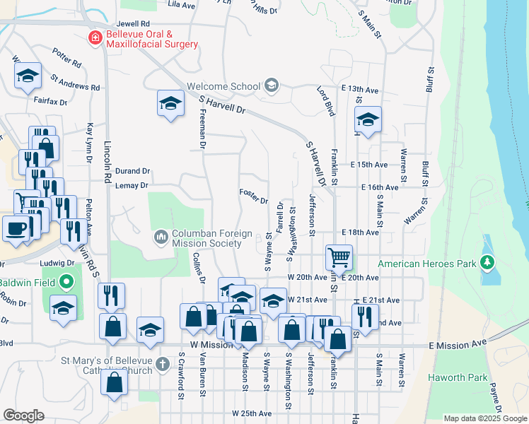 map of restaurants, bars, coffee shops, grocery stores, and more near 1716 Wayne Street in Bellevue