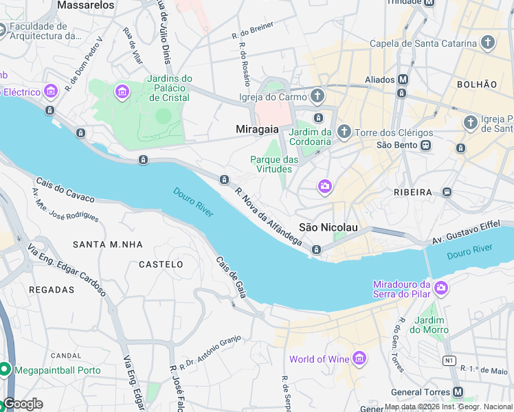 map of restaurants, bars, coffee shops, grocery stores, and more near Rua de Miragaia in Porto