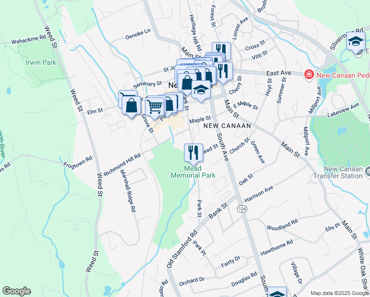 map of restaurants, bars, coffee shops, grocery stores, and more near 211 Park Street in New Canaan