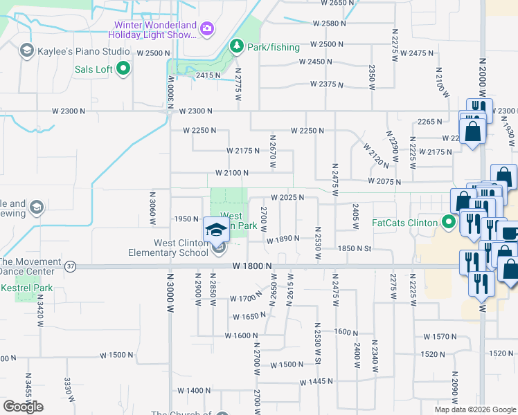 map of restaurants, bars, coffee shops, grocery stores, and more near 1933 North 2700 West in Clinton