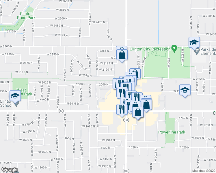 map of restaurants, bars, coffee shops, grocery stores, and more near 1987 North 2125 West in Clinton