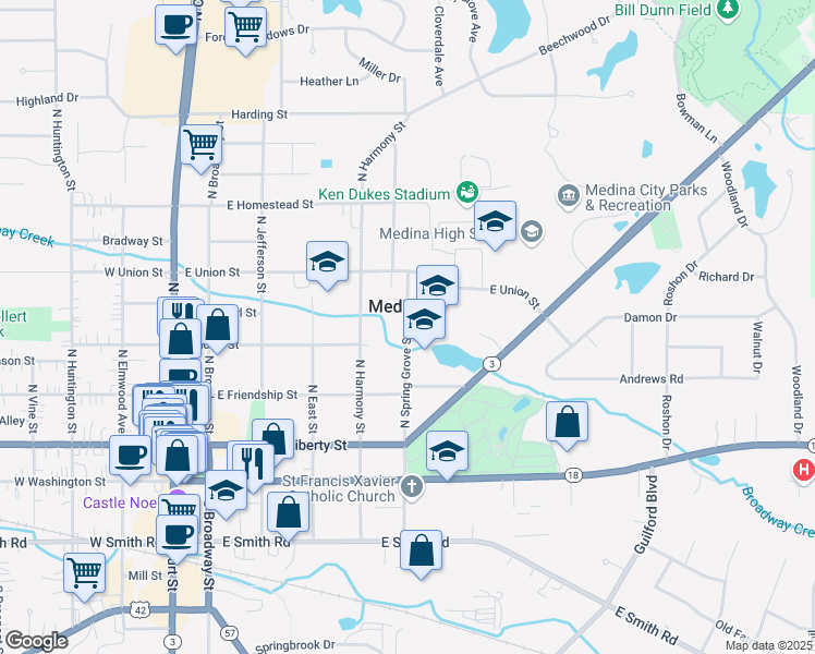 map of restaurants, bars, coffee shops, grocery stores, and more near 320 North Spring Grove Street in Medina