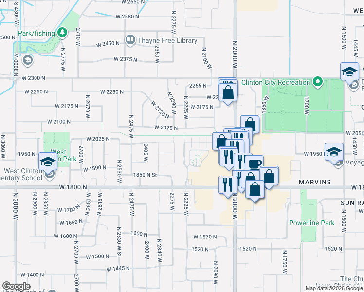 map of restaurants, bars, coffee shops, grocery stores, and more near 1991 North 2225 West in Clinton