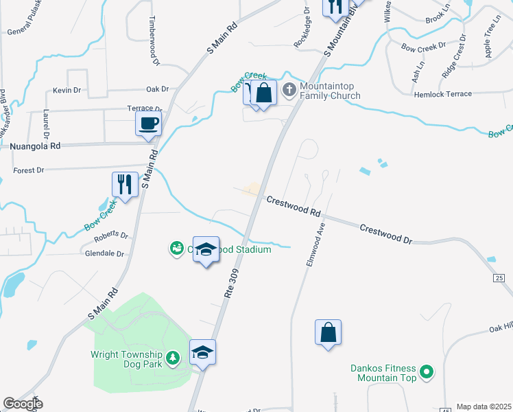 map of restaurants, bars, coffee shops, grocery stores, and more near Route 309 in Mountain Top