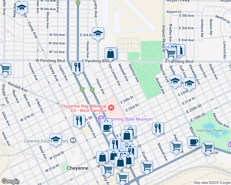 map of restaurants, bars, coffee shops, grocery stores, and more near 2411 Evans Avenue in Cheyenne