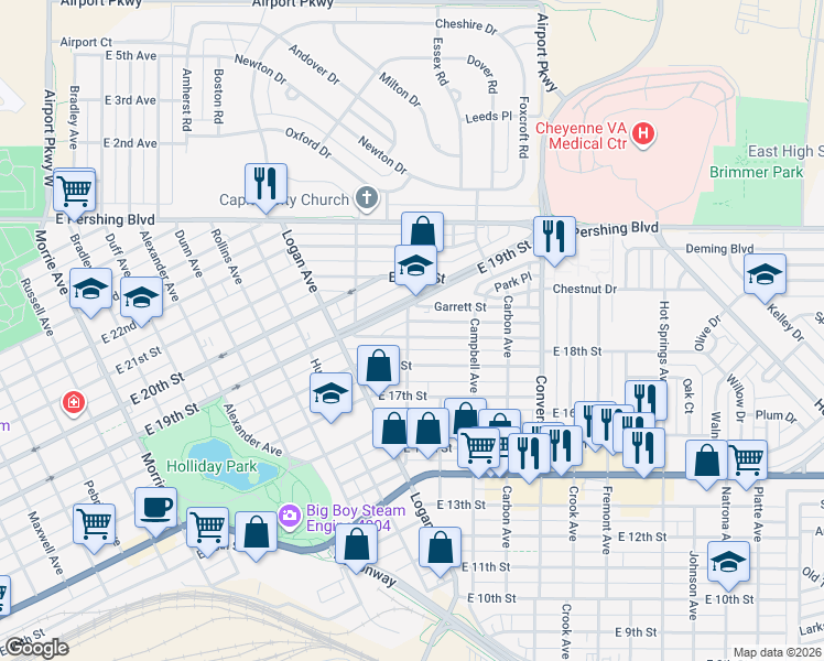 map of restaurants, bars, coffee shops, grocery stores, and more near 1914 East 18th Street in Cheyenne