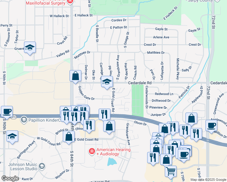 map of restaurants, bars, coffee shops, grocery stores, and more near 1234 East Gold Coast Road in Papillion