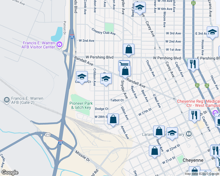 map of restaurants, bars, coffee shops, grocery stores, and more near 3012 Ames Court in Cheyenne