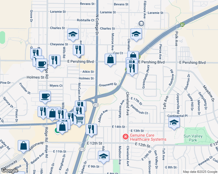 map of restaurants, bars, coffee shops, grocery stores, and more near 4111 Greenway Street in Cheyenne