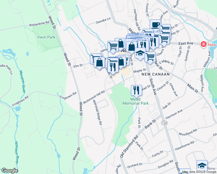 map of restaurants, bars, coffee shops, grocery stores, and more near 104 Richmond Hill Road in New Canaan