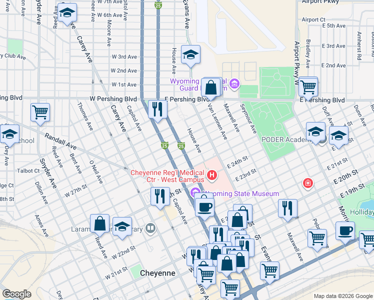map of restaurants, bars, coffee shops, grocery stores, and more near 2508 Warren Avenue in Cheyenne