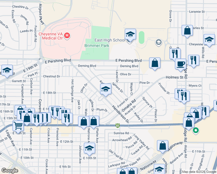 map of restaurants, bars, coffee shops, grocery stores, and more near 2908 Kelley Drive in Cheyenne