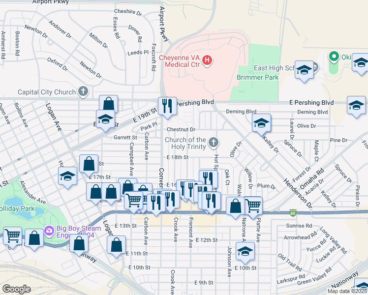 map of restaurants, bars, coffee shops, grocery stores, and more near 1641 Crook Avenue in Cheyenne