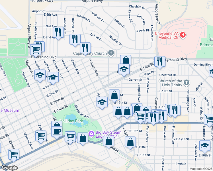 map of restaurants, bars, coffee shops, grocery stores, and more near 1809 Logan Avenue in Cheyenne