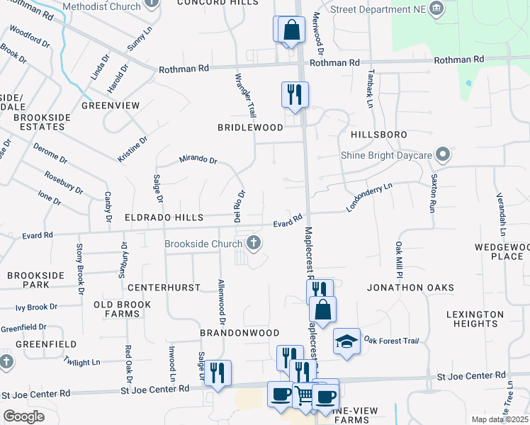 map of restaurants, bars, coffee shops, grocery stores, and more near 6168-6220 Evard Road in Fort Wayne